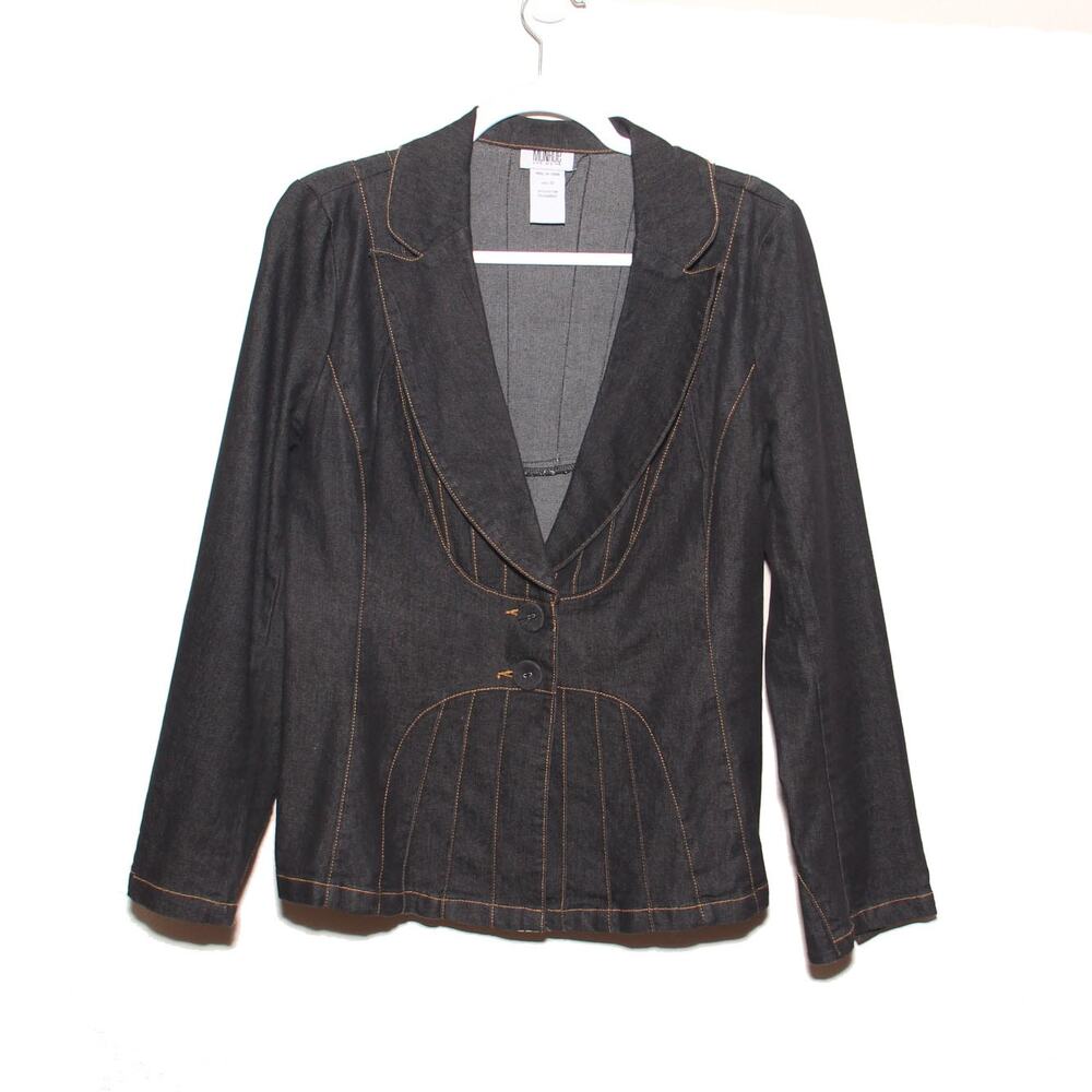 Monroe and Main Black Denim Blazer Jacket Size 10 Unique back stitching
